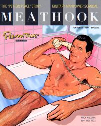 actor bathroom celebrity hairy in_water magazine_cover male_only meathook_magazine muscles muscular muscular_male on_phone real_person rock_hudson solo_male tub writing