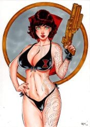 1girls avengers big_breasts black_widow_(marvel) curvy_figure ed_benes_studio femme_fatale green_eyes gun latex_bikini latex_thong marvel marvel_cinematic_universe marvel_comics natasha_romanoff pink_lipstick red_hair short_hair spy tagme tattoo vagner_fernandes voluptuous