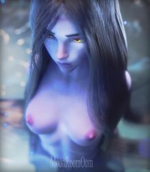 1girls 3d 3d_(artwork) above_view alternate_hairstyle amelie_lacroix blizzard_entertainment blue_hair blue_skin breasts dark_blue_hair european female french grotto long_hair moonroomoom nipples nude nude_female overwatch petite seductive_eyes seductive_look seductive_mouth swimming teenager water widowmaker yellow_eyes