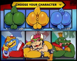 2022 absurd_res anthro anus ass avian backsack balls big_balls big_butt bird bloodshot_eyes blue_body bowser bubble_butt clothing donkey_kong_(series) el_booki english_text genitals green_body group hat headgear headwear hi_res humanoid_hands k_rool kabeshiri king_ddd king_dedede kirby_(series) koopa kremling male male_only mario_(series) nintendo overweight overweight_male penguin puffy_anus scalie super_smash_bros. take_your_pick text through_wall tongue tongue_out video_games