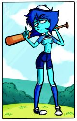 1girls 2019 absurd_res baseball_bat baseball_cap baseball_uniform blue_hair blue_skin breasts cartoon_network clothing commission digital_media_(artwork) female flashing flashing_breasts hat j-madeye jay-onjey lapis_lazuli_(bob) long_socks middle_finger nipples shirt_lift shorts solo solo_female steven_universe