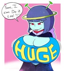 1girls alien alien_girl big_ass big_breasts blue_skin crop_top dialogue digital_media_(artwork) female female_only freckles hi_res ice_cream red_eyes solo solo_focus speech_bubble sweatdrop sweating swimsuit tongue tongue_out xt_ecchi xyan_(xt_ecchi)