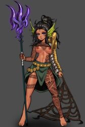 1girls armor artist_request barefoot belt black_hair breasts facial_marks feet fin_ears fishnet forehead_jewel long_hair nipples solo tan tattoo tattooed_arm tattooed_chest tattooed_leg thigh_tattoo tied_hair toes trident