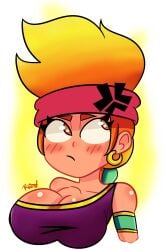 amber_(brawl_stars) anger_vein angry blush brawl_stars clothed earrings fire_hair headband looking_away orange_eyes orange_hair ponytail r_bismut rbismut supercell tan_skin