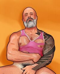 45volts bottomless covered_crotch male_only meathook_magazine muscles muscular muscular_male older_male real_person solo_male tank_top tanlines tattoos