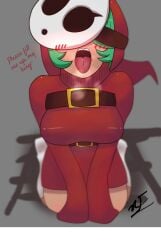 1girls breasts caption closed_eyes cum_inside_request edit female female_only gray_background green_hair hair_over_one_eye kneeling light-skinned_female light_skin mario_(series) mask masked nf_(artist) nintendo open_mouth shy_gal shy_gal_red solo tagme text thighs