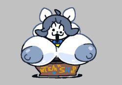 1girls 2d alternate_version_available breasts_bigger_than_head comedy female female_only funny grey_nipples humanoid humor hyper_breasts inflating_breasts solo superiorfox tagme temmie_(undertale) undertale undertale_(series)