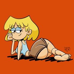 1girls ass ass_visible_through_clothes big_ass blonde_female blonde_hair breasts dat_ass ear_piercing earrings female female_only lori_loud nickelodeon red_background smile smiling the_loud_house tlajolote_(artist)