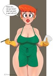 1girls alternate_version_available apron_only areolae big_breasts black_eyes breasts davecartoons dexter's_laboratory dexter's_mom dialogue earrings english_text female female_only gloves green_apron hair hi_res high_res huge_breasts iced_latte_with_breast_milk lips lipstick mature mature_female mature_woman meme milf mother naked_apron open_mouth orange_hair plump red_lips red_lipstick short_hair solo solo_female text thick_lips thick_thighs thighs voluptuous yellow_gloves