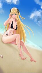 1girls alternate_version_available aqua_eyes beach bikini black_bikini blonde_hair detailed_background estebaneishon1 full_body hair_ornament light-skinned_female light_skin long_hair long_hair_female looking_at_viewer maid-chan_(wactor_production) solo solo_female solo_focus virtual_youtuber wactor wactor_production