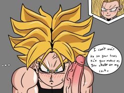 1boy 1futa android_18 balls big_penis blonde_hair blue_eyes blush clothed clothing dialogue dragon_ball dragon_ball_super dragon_ball_z erection fully_clothed futa_on_male futanari human light-skinned_futanari light-skinned_male light_skin male male_focus muscular_male penis skurigami smile super_saiyan text trunks_briefs vein veiny_penis yellow_hair