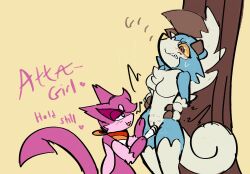 absurd_res anthro arms_behind_back bloowolfy blue_fur blush breasts brown_eyes dialogue duo female female/female feral growling hi_res hitachi_magic_wand lesbian_pride_colors lycanroc midnight_lycanroc nintendo pink_fur pokémon_(species) pokemon purrloin sex_toy vibrator video_games white_fur yellow_nose yellow_sclera