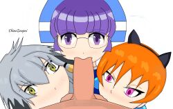 3girls alisa_southerncross glasses gluko gray_hair kemono_friends keroro_gunsou multiple_girls orange_hair pink_eyes pov purple_hair rokumon_tengai_mon_kore_naito shoebill_(kemono_friends)