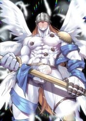 1boy angel angemon bulge digimon jackray85674939 male male_only masked muscles muscular muscular_male precum precum_pool solo staff wings