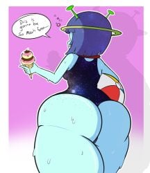 1girls alien alien_girl big_ass blue_skin dialogue digital_media_(artwork) female female_only hi_res ice_cream red_eyes solo solo_focus speech_bubble sweatdrop sweating swimsuit xt_ecchi xyan_(xt_ecchi)