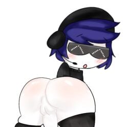 1boy :0 ^_^ artist_request balls black_clothing black_legwear blue_hair blush funtimeredz gay glasses hat headphones legwear microphone nikukittyz open_mouth penis roblox roblox_avatar solo source_request white_background yaoi