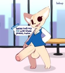 1futa aggressive_retsuko anthro bakap balls big_penis canid canine dialogue fennec fenneko foreskin fox futanari genitals hand_behind_back huge_cock humanoid_genitalia humanoid_penis looking_at_viewer male mammal office_clothing office_lady partially_retracted_foreskin penis sanrio smooth_fur solo talking_to_viewer uncut