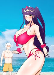 1boy 1girls alternate_costume bangs bare_midriff bare_shoulders bare_thighs beach bikini blush breasts cleavage collarbone female female_focus fire_emblem fire_emblem_awakening fire_emblem_heroes flower grey_eyes hair_flower huge_breasts husband husband_and_wife long_hair looking_at_viewer male midriff molestation netorare nintendo o-ring ocean official_alternate_costume outdoors pink_bikini pink_swimsuit purple_hair rape red_bikini red_sweater ring robin_(fire_emblem) robin_(fire_emblem)_(male) sand short_hair shoulders smile swim_trunks swimsuit tharja_(fire_emblem) thighs ubikitas very_long_hair water wedding_ring white_hair wife