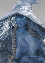 1girls blue_skin breasts covering_nipples elden_ring fromsoftware glowing_eyes hat large_breasts one_eye_closed open_clothes ranni_the_witch sketch solo topless tristanmori witch_hat