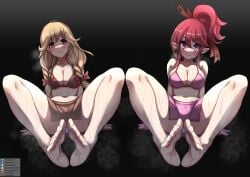 2girls barefoot bikini bra cleavage commission disgaea disgaea_5 faye_(fire_emblem) female female_only fire_emblem fire_emblem_echoes:_shadows_of_valentia multiple_girls nintendo nippon_ichi_software panties pantyshot pelvic_curtain seraphina_(disgaea) sweat sweaty sweaty_body tomodachi_(tomofanart) underwear upskirt white_panties