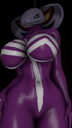 2020 3d_(artwork) 9:16 anthro arbok big_breasts black_eyes breasts digital_media_(artwork) female genitals hand_on_hip hand_on_leg hand_on_thigh hi_res looking_at_viewer nintendo pokémon_(species) pokemon pokesymbiote pose purple_body purple_skin pussy smile solo source_filmmaker standing symbiote video_games