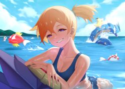 1girls arms bare_shoulders blue_eyes blue_swimsuit blush breasts cleavage collarbone cute female female_only goldeen grin gyarados half-closed_eyes highres kasumi_(pokemon) komadera light-skinned_female looking_at_viewer magikarp medium_breasts ocean orange_hair outdoors pokémon_(species) pokemon ponytail psyduck short_hair sky smile smooth_skin smug solo swimming swimsuit wet wet_skin