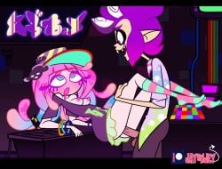 1boy 1girls 2018 anemone animated balls blue_eyes blush bracelet bracelets clothed clothed_sex clothing commission digital_media_(artwork) drooling exposed_breasts female harmony_(splatoon) hat hawaiian_shirt j-madeye jay-onjey male multicolored_eyes nightclub nintendo no_panties noiji_(splatoon) penetration penis pink_eyes pink_hair purple_eyes purple_hair sex sex_on_table short_skirt splatoon splatoon_2 uncensored