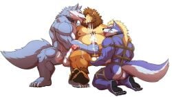 absurd_res anthro anthro_only balls belly blonde_hair blue_body blue_fur blush bodily_fluids bondage bound canid canine canis cum dislyte erection felid fenrir_(tokyo_afterschool_summoners) freddy_(dislyte) fur gay genital_fluids genitals group hair handjob hi_res lifewonders lion male male/male male_only mammal musclegut muscular muscular_anthro muscular_male nipple_fetish nipple_play nipple_suck nipples no_humans nude orgasm overweight pantherine pawpads pecs penile penis restraints rope rope_bondage rope_harness ross_(rossciaco) sex seyrmo sucking tokyo_afterschool_summoners trio video_games wolf yaoi