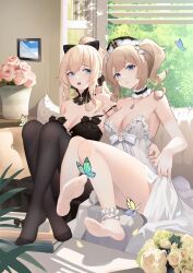 2girls barbara_(genshin_impact) barefoot black_legwear blonde_female blonde_hair blue_eyes bow breasts butterfly couch dress feet female_only flower genshin_impact hat heiyizhushenxia hi_res jean_gunnhildr large_breasts legs looking_at_viewer nun pantyhose ponytail sitting toes twintails