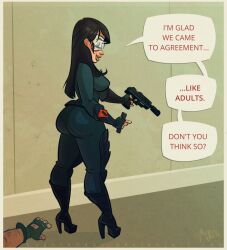 anastasia_cisarovna baroness_(g.i._joe) black_heels bubble_butt closed_eyes g.i._joe glasses gun hasbro heel_boots heeled_boots heels hugotendaz off_screen_male_character reloading skin_tight skin_tight_suit skintight speech_bubble tinted_eyewear visor