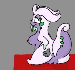 artist_name breasts butthole chubby dragon dripping_slime dripping_tongue eyeshadow goo_creature goodra green_eyes looking_at_viewer looking_back madhatnsfw pokémon_(species) pokemon pokemon_(species) purple_skin red_bed red_bed_sheet red_bedding smirk smooth_skin tail thick_thighs tongue_out