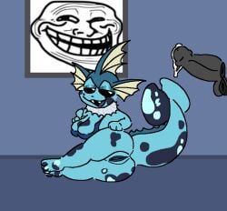 ass bra breasts carpet dick eyeshadow fins laid_back laying_down looking_at_penis meme pawbeans pawpads paws pokémon_(species) pokemon smile smirking spotted_body spotted_fur tail troll trollface vagina vaporeon wall