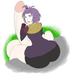 1futa alternate_costume alternate_hairstyle ass back back_view balls bernadetta_von_varley bottom_heavy breasts clothed clothing dingusdongus18 fire_emblem fire_emblem:_three_houses fire_emblem_warriors:_three_hopes front_ponytail futa_only futanari grey_eyes high-angle_view huge_ass human hyper hyper_balls hyper_penis light-skinned_futanari light_skin looking_back mostly_clothed nintendo official_alternate_costume official_alternate_hairstyle penis purple_hair sitting solo thick_thighs wide_hips