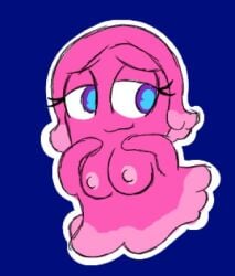 bandai_namco black_outline blue_background blue_eyes breasts disney_xd eyelashes ghost ghost_girl hand_on_breast looking_away nipples pac-man_(series) pac-man_and_the_ghostly_adventures pac-man_eyes pink_body pink_hair pink_nipples pinky pinky_(pac-man) purple_eyes smile smiling smug_smile unknown_artist white_outline