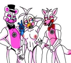 2boys1girl anthro avian balls beak bird black_bow_tie black_top_hat blue_eyes bow_tie breasts canid canine clothing female five_nights_at_freddy's five_nights_at_freddy's:_sister_location fox funtime_chica_(fnaf) funtime_foxy_(fnaf) funtime_foxy_(fnafsl) funtime_freddy_(fnafsl) genitals group hat headgear headwear humanoid_genitalia humanoid_penis lagomorph leporid low_res male male/female mammal masturbation nipples omegamax_pero_horny. open_mouth penis pink_nipples pussy rabbit red_bow_tie sharp_teeth simple_background sister_location teeth top_hat ursid video_games white_background white_sclerea yellow_eyes