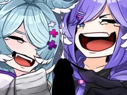 2girls black_penis blue_hair closed_eyes cum cumshot disembodied_penis dragon_girl dragon_hand ejaculation elira_pendora fangs hair_covering_eye hair_over_one_eye hair_wings half-closed_eye head_wings heterochromia laugh laughing looking_at_viewer multiple_girls nijisanji nijisanji_en one_eye_closed one_eye_covered one_eye_obstructed open_mouth penis_touching selen_tatsuki sharp_fingernails sweater tears tears_of_joy tmk touching_penis twin_braids virtual_youtuber x_hair_ornament