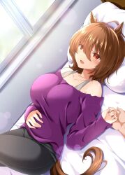 1girls animal_ears animal_tail arcadia_1342 big_breasts black_clothes black_clothing black_leggings black_legwear blush blushing breasts brown_hair character_request female female_focus gray_bra husband_and_wife in_bed large_breasts long_sleeves male_pov pov pov_eye_contact purple_clothes purple_clothing purple_shirt purple_topwear tagme tagme_(character) wedding_ring window