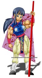 big_breasts black_hair blue_eyes chichi clothed dragon_ball dragon_ball_super dragon_ball_z hairband muscular_arms muscular_female muscular_legs power_pole smile smiling smiling_at_viewer tight_clothing
