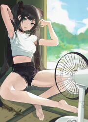 1girls 2020s 2022 alternate_costume anime armpit arms_up bare_arms bare_legs barefoot black_hair breasts casual choker clothed clothed_female clothes clothing cooling_off crop_top dolphin_shorts electric_fan fan feet female female_only full_body fully_clothed genshin_impact green_eyes heat indoors legs light-skinned_female light_skin manga medium_breasts midriff mona_(genshin_impact) retty2706 revealing_clothes shirt short_shorts shorts sitting solo solo_female summer sweat t-shirt thighs tomboy twintails two_tone_bottomwear two_tone_bottomwear_(black&white) white_topwear