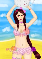 armpits arms_up beach bikini breasts breasts breasts brown_hair cat_plushie chibi_(chibipower) chibipower choker clothed dotted_bikini flower flower_in_hair happy heart_tattoo looking_at_viewer necklace nipples pink_nipples pink_ribbon pussy red_eyes ribbon see-through see-through_clothing shell_necklace solo_female teddy_bear vagina violet_bikini virtual_youtuber vtuber