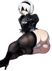 1boy a_go ass balls big_ass blindfold bulge cleavage_cutout clothed clothing cock-tail femboy feminine_male fully_clothed human leotard light-skinned_femboy light-skinned_male light_skin male male_only nier:_automata on_side penis rule_63 short_hair sitting small_breasts solo thick_thighs thighhighs white_background white_hair wide_hips yorha_2b