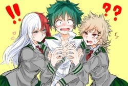 2girls 2girls1boy blush exclamation_point female_bakugou female_todoroki fighting_over_boy genderswap_(mtf) girl_sandwich green_hair heart heterochromia izuku_midoriya katsuki_bakugou love_triangle my_hero_academia question_mark red_hair rule_63 school_uniform shouto_todoroki spiky_hair two_tone_hair u.a._school_uniform white_hair yellow_background yellow_hair