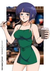 apron artist_signature bryaxrt coffee earlobes female female_only iced_latte_with_breast_milk kyoka_jiro meme my_hero_academia naked_apron pen purple_hair short_hair starbucks