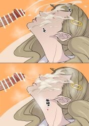 1girls ann_takamaki blonde_hair censored closed_eyes cum_on_face facial kamishakujii_(poppenheim) licking_penis long_penis oral persona persona_5 petite poppenhaimu seductive_mouth straight twintails