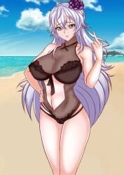 1girls aje azur_lane beach big_breasts female flower_in_hair graf_zeppelin_(azur_lane) graf_zeppelin_(beachside_urd)_(azur_lane) huge_breasts long_hair looking_at_viewer mature_female mature_woman middle_finger red_eyes revealing_swimsuit swimsuit white_hair