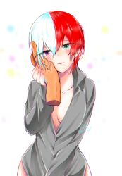 1boy 1girls artist_request blue_eyes blush breasts disembodied_hand dress_shirt eyebrows eyebrows_visible_through_hair female_todoroki hand_on_cheek hand_on_head light-skinned_female light_skin looking_at_viewer my_hero_academia purple_eyes red_hair rule_63 shouto_todoroki simple_background smile smiling white_hair wholesome