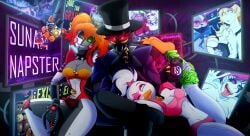 1boy 2d 2d_(artwork) 2d_artwork 2girls 2girls1boy animatronic big_breasts breasts crossover female five_nights_at_freddy's five_nights_at_freddy's:_security_breach fnaf gazter_the_lust_demon gine_(gazter_the_lust_demon) glamrock_chica_(fnaf) green_eyes grey_skin hand_on_hip helluva_boss holding_cup holding_object leg_lift leg_up loona_(helluva_boss) male molten_freddy multiple_girls orange_hair original_character original_characters pale-skinned_female roxanne_wolf_(fnaf) scottgames scrap_baby scrap_baby_(fnaf) short_hair small_breasts steel_wool_studios tagme vanessa_(fnaf) vanny_(fnaf) white_hair wink winking