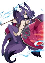 barely_clothed breasts disgaea disgaea_5 disgaea_rpg fox_ears fox_girl fox_tail harada_takehito izuna_(disgaea) kimono kiseru nine-tails_(disgaea) nippon_ichi_software official_art open_clothes skimpy_clothes smoking smoking_pipe thighhighs