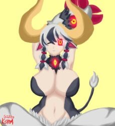 breasts cow_ears cow_girl cow_horns cow_tail disgaea disgaea_6 evil_eye_(disgaea) koma_(artist) large_breasts monster_girl nippon_ichi_software stretching