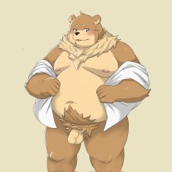 2022 anthro balls belly big_belly blush brown_body brown_fur clothed clothing flaccid fur genitals gomdepp hi_res humanoid_genitalia humanoid_hands humanoid_penis kemono male mammal moobs navel nipples open_clothing open_shirt open_topwear overweight overweight_male penis pubes shirt simple_background solo topwear ursid